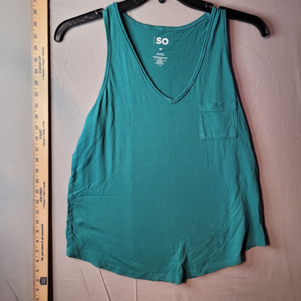SO Womens Teal Green V-Neck Pocket Tank Top Sleeveless‎ Cotton Shirt Size Medium